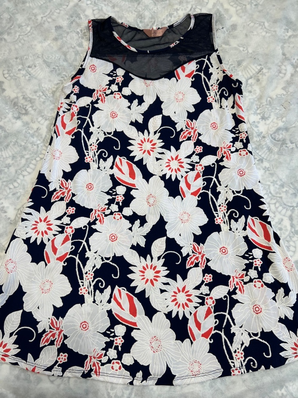 SJS Floral Sleeveless Shift Textured Dress Sz L Mesh Coastal Resortwear Cruise